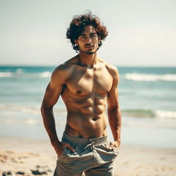 An attractive man with curly hair and defined abdominal muscles, standing confidently without a t-shirt, showcasing his physique