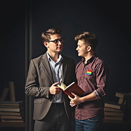 book cover featuring a young, charismatic professor and an openly gay student against a dark background