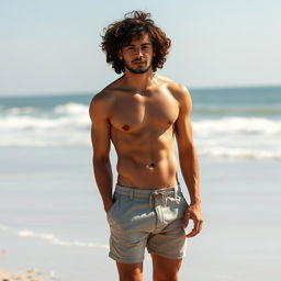 An attractive man with curly hair and defined abdominal muscles, standing confidently without a t-shirt, showcasing his physique