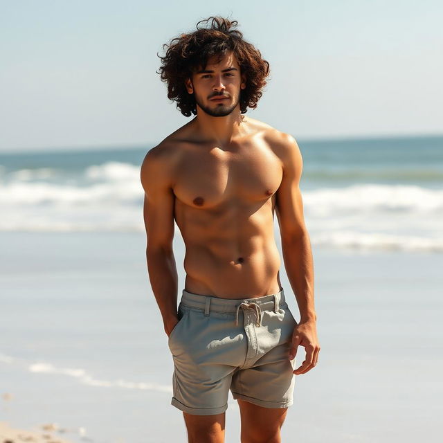 An attractive man with curly hair and defined abdominal muscles, standing confidently without a t-shirt, showcasing his physique