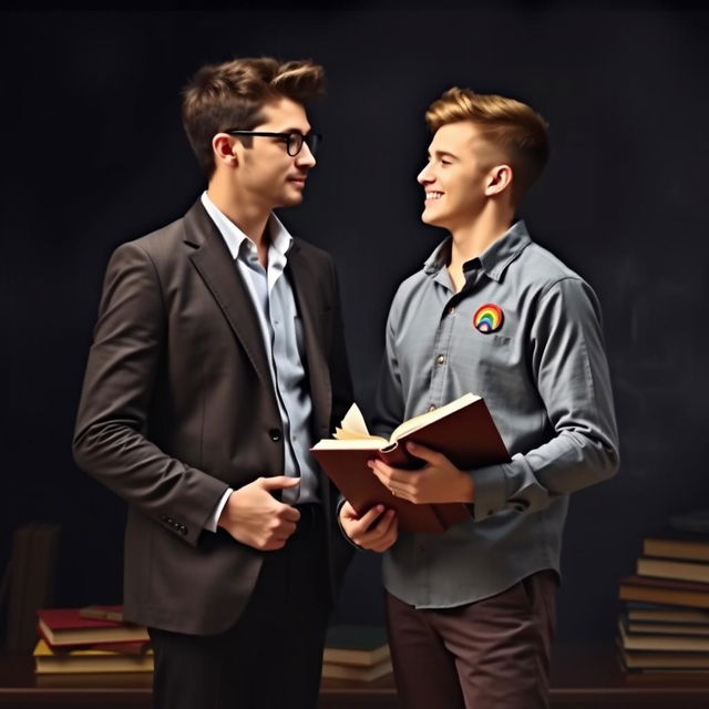 book cover featuring a young, charismatic professor and an openly gay student against a dark background