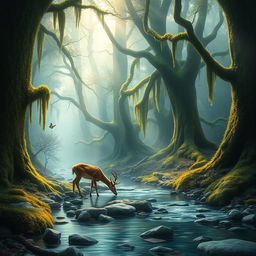 An ethereal scene depicting a mystical forest with towering ancient trees draped in luminous moss