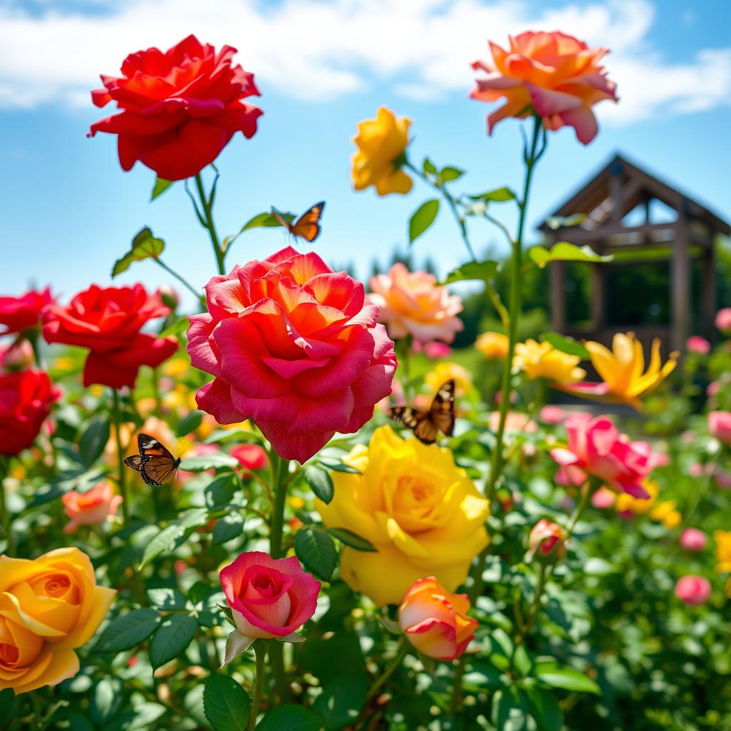 A beautiful rose garden with vibrant, blooming roses of various colors including red, yellow, and pink