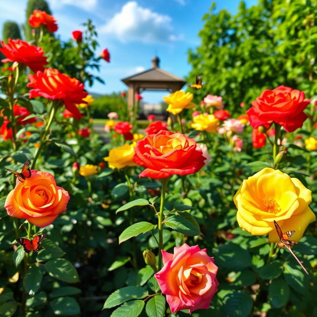 A beautiful rose garden with vibrant, blooming roses of various colors including red, yellow, and pink