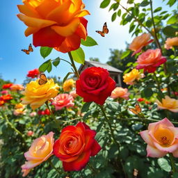 A beautiful rose garden with vibrant, blooming roses of various colors including red, yellow, and pink