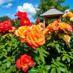 A beautiful rose garden with vibrant, blooming roses of various colors including red, yellow, and pink