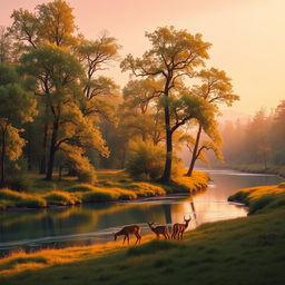 A serene landscape featuring a lush forest with a clear, tranquil river running through it