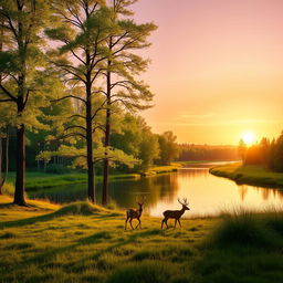 A serene landscape featuring a lush forest with a clear, tranquil river running through it