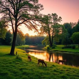 A serene landscape featuring a lush forest with a clear, tranquil river running through it