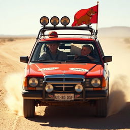 A hyper-realistic scene of a wild Australian outback race featuring a 1987 red Mercedes wagon adorned with rally stickers