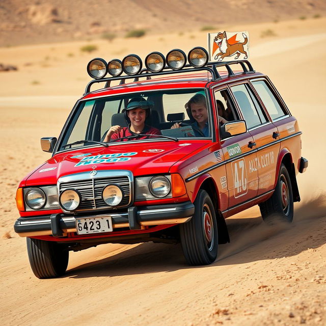 A hyper-realistic scene of a wild Australian outback race featuring a 1987 red Mercedes wagon adorned with rally stickers