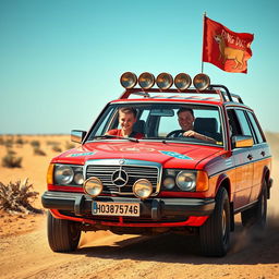 A hyper-realistic scene of a wild Australian outback race featuring a 1987 red Mercedes wagon adorned with rally stickers