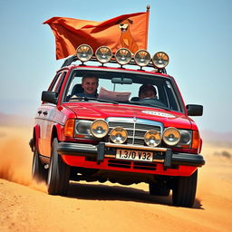 A hyper-realistic scene of a wild Australian outback race featuring a 1987 red Mercedes wagon adorned with rally stickers