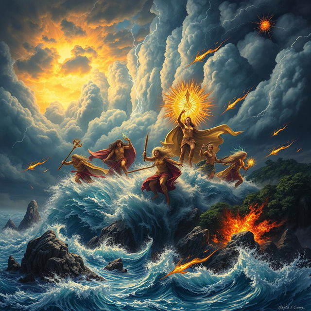 An epic scene depicting the wrath of the gods, set upon a dramatic stormy sky with thunderbolts illuminating the heavens