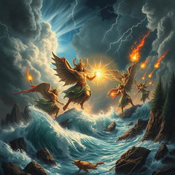 An epic scene depicting the wrath of the gods, set upon a dramatic stormy sky with thunderbolts illuminating the heavens