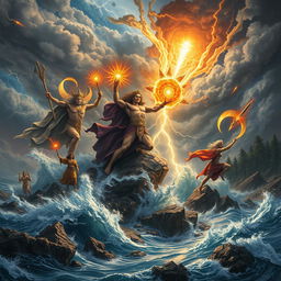 An epic scene depicting the wrath of the gods, set upon a dramatic stormy sky with thunderbolts illuminating the heavens