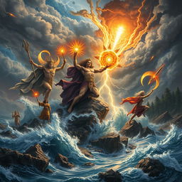 An epic scene depicting the wrath of the gods, set upon a dramatic stormy sky with thunderbolts illuminating the heavens