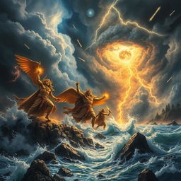 An epic scene depicting the wrath of the gods, set upon a dramatic stormy sky with thunderbolts illuminating the heavens