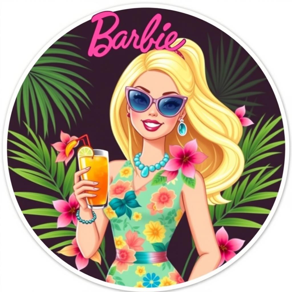 Barbie from the 2023 movie, styled as an illustration sticker and cake topper with a summer tropical theme