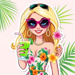 Barbie from the 2023 movie, styled as an illustration sticker and cake topper with a summer tropical theme