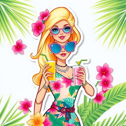 Barbie from the 2023 movie, styled as an illustration sticker and cake topper with a summer tropical theme