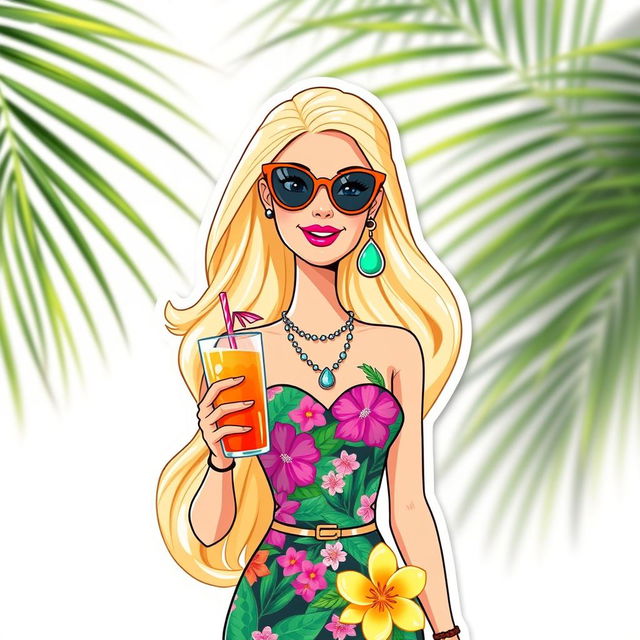 Barbie from the 2023 movie, styled as an illustration sticker and cake topper with a summer tropical theme