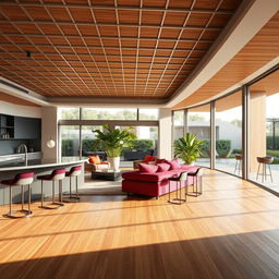 A realistic and coherent interior design rendering of a modern open-space living area and terrace