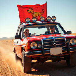 A hyper-realistic scene depicting a wild Australian outback race with a 1980s red Mercedes wagon adorned with rally stickers