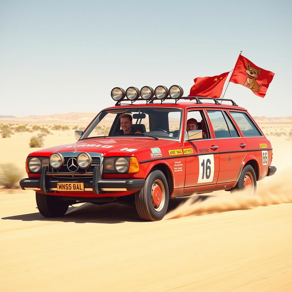 A hyper-realistic scene depicting a wild Australian outback race with a 1980s red Mercedes wagon adorned with rally stickers