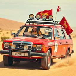 A hyper-realistic scene depicting a wild Australian outback race with a 1980s red Mercedes wagon adorned with rally stickers