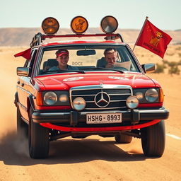 A hyper-realistic scene depicting a wild Australian outback race with a 1980s red Mercedes wagon adorned with rally stickers