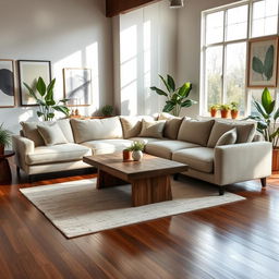 A modern and spacious living room featuring a large comfortable sectional sofa in neutral tones, paired with a rustic wooden coffee table