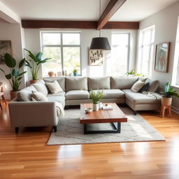 A modern and spacious living room featuring a large comfortable sectional sofa in neutral tones, paired with a rustic wooden coffee table