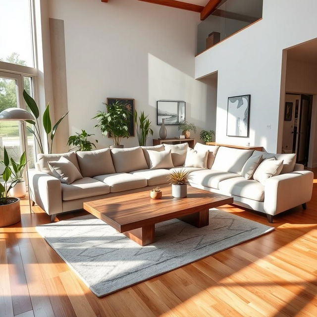 A modern and spacious living room featuring a large comfortable sectional sofa in neutral tones, paired with a rustic wooden coffee table