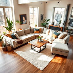 A modern and spacious living room featuring a large comfortable sectional sofa in neutral tones, paired with a rustic wooden coffee table