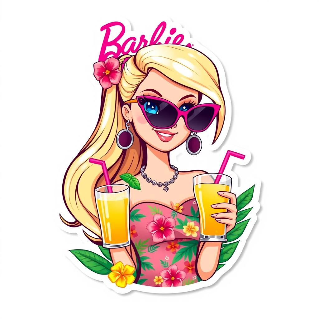 Barbie from the 2023 movie, styled as an illustration sticker and cake topper with a summer tropical theme