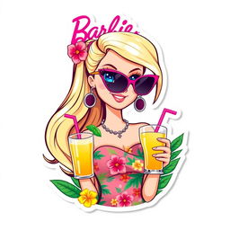 Barbie from the 2023 movie, styled as an illustration sticker and cake topper with a summer tropical theme