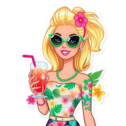 Barbie from the 2023 movie, styled as an illustration sticker and cake topper with a summer tropical theme