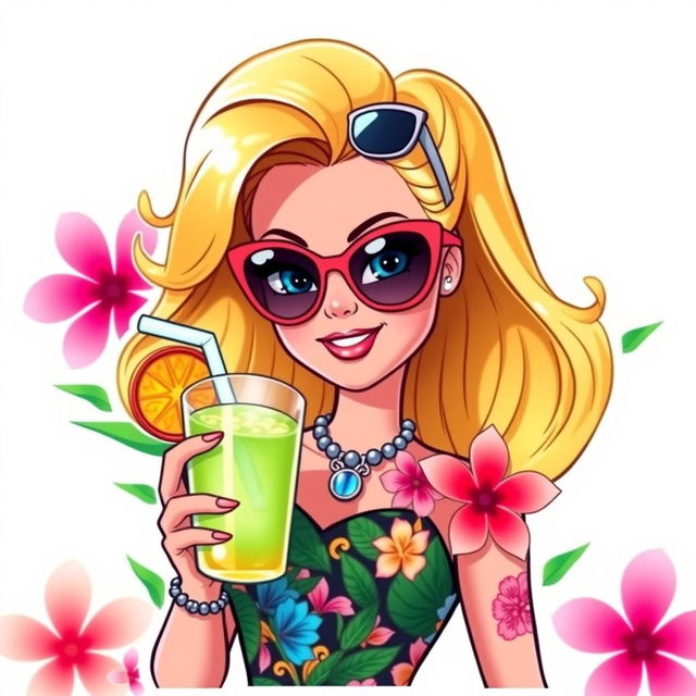 Barbie from the 2023 movie, styled as an illustration sticker and cake topper with a summer tropical theme