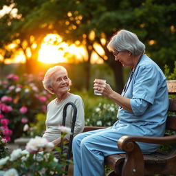 A serene, comforting scene depicting a caregiver attentively helping an elderly person in a beautiful garden