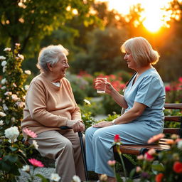 A serene, comforting scene depicting a caregiver attentively helping an elderly person in a beautiful garden