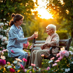 A serene, comforting scene depicting a caregiver attentively helping an elderly person in a beautiful garden