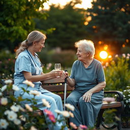 A serene, comforting scene depicting a caregiver attentively helping an elderly person in a beautiful garden