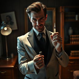 A suave and enigmatic doctor, dressed in a sleek, tailored suit, concealing a sinister secret