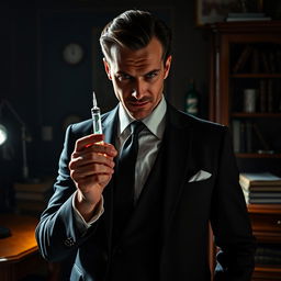 A suave and enigmatic doctor, dressed in a sleek, tailored suit, concealing a sinister secret