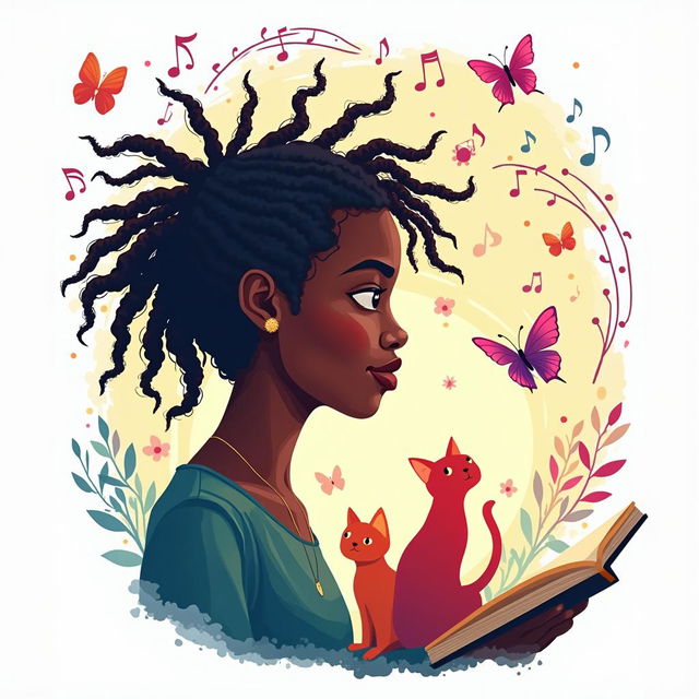 Design a vibrant and engaging logo for a health and wellness book featuring a side silhouette of a lady with short dreadlocks, with music notes, butterflies, two cats, and a book