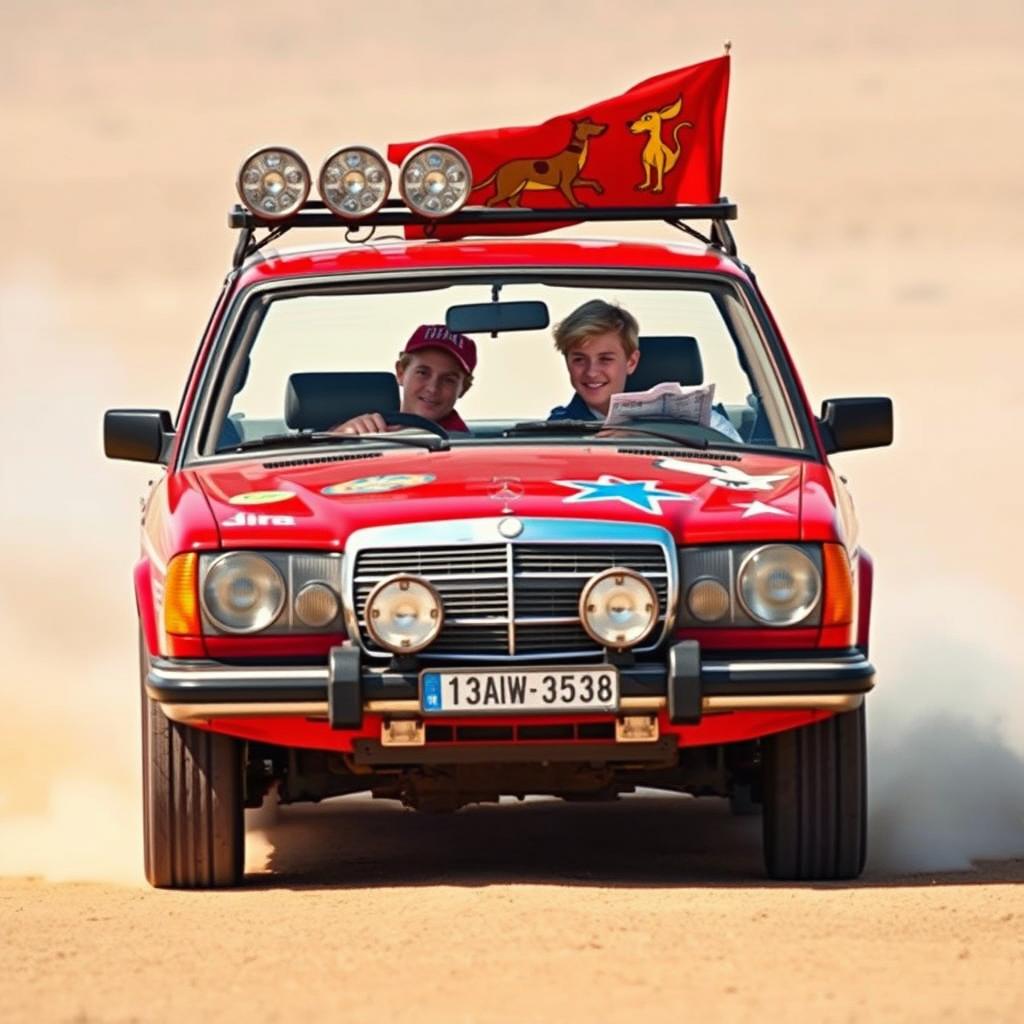 A hyper-realistic scene of wild Australian outback racing featuring a 1980s red Mercedes wagon covered in a lot of rally stickers