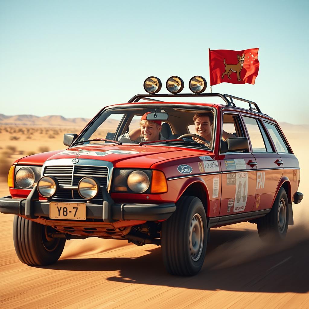 A hyper-realistic scene of wild Australian outback racing featuring a 1980s red Mercedes wagon covered in a lot of rally stickers