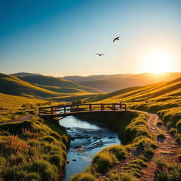 A serene landscape with rolling hills under a clear blue sky