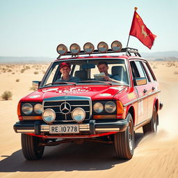 A hyper-realistic scene of wild Australian outback racing featuring a 1980s red Mercedes wagon covered in a lot of rally stickers